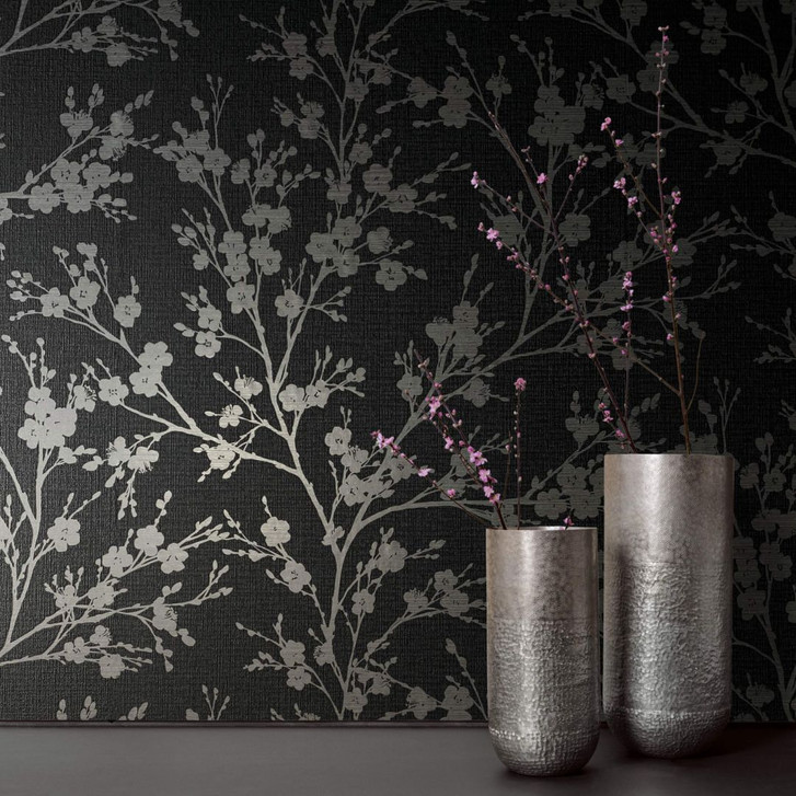 Vliestapete mit leicht glänzendem Blattmotiv schwarz, silber Floral - WA451275