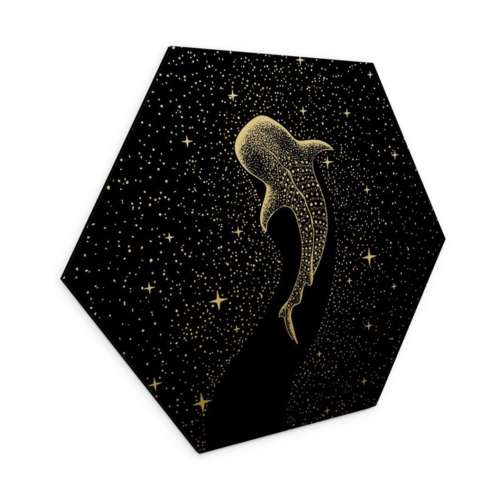 Hexagon Wandbild mit Goldeffekt Walhai im Ozean der Sterne - Cakir - Alu-Dibond - WA441579