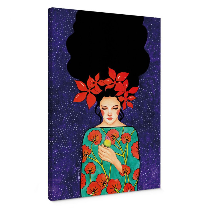 Leinwandbild Frau mit roter Blütenkrone und Vogel - Hülya - WA485789