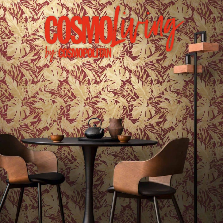 COSMOPOLITAN Dschungel Vliestapete Bordeaux Rot Goldbeige - Moderne Mustertapete - WA480227