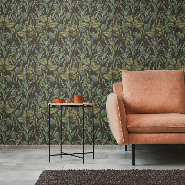Dschungel-Tapete Schwarz Grün - Vliestapete floral mit Blättern und Blüten - WA396738