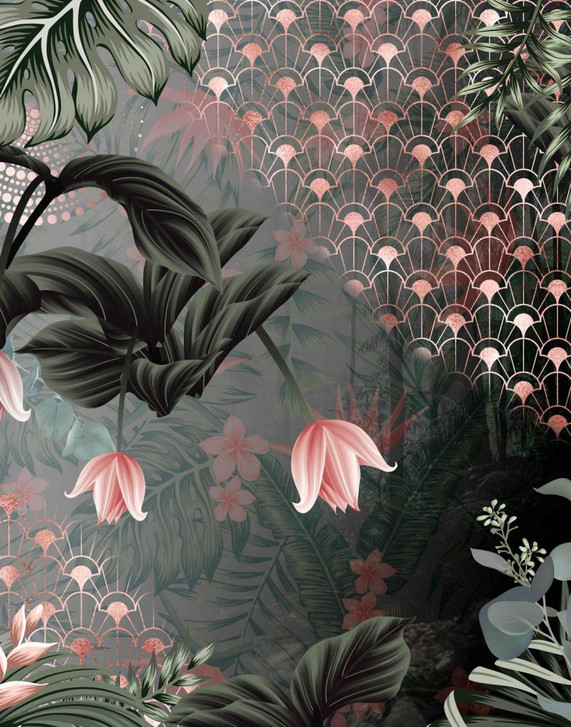 Fototapete Wandtapete mit Motiv Kranich mit Art Deco Fächer Muster und Blüten 2.7 x 2.12 m - WA505184