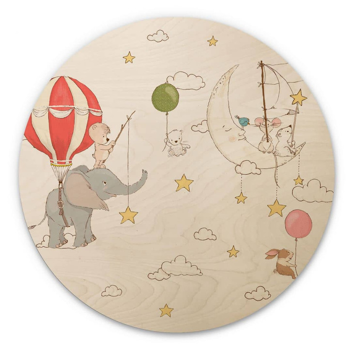 Holzbild Fliegende Tiere mit Heissluftballon - Skellern - Rund - WA400767
