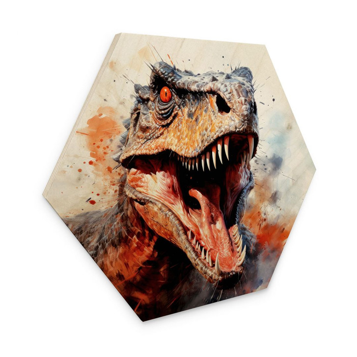 Hexagon Holzbild T-Rex: Das wilde Gesicht der Urzeit - Jaszke - WA434340