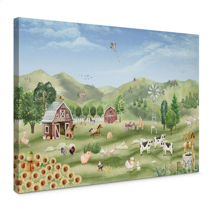 Kinderzimmer Leinwandbild - Oliver Robins - Bunter Bauernhof mit Tieren - WA403896