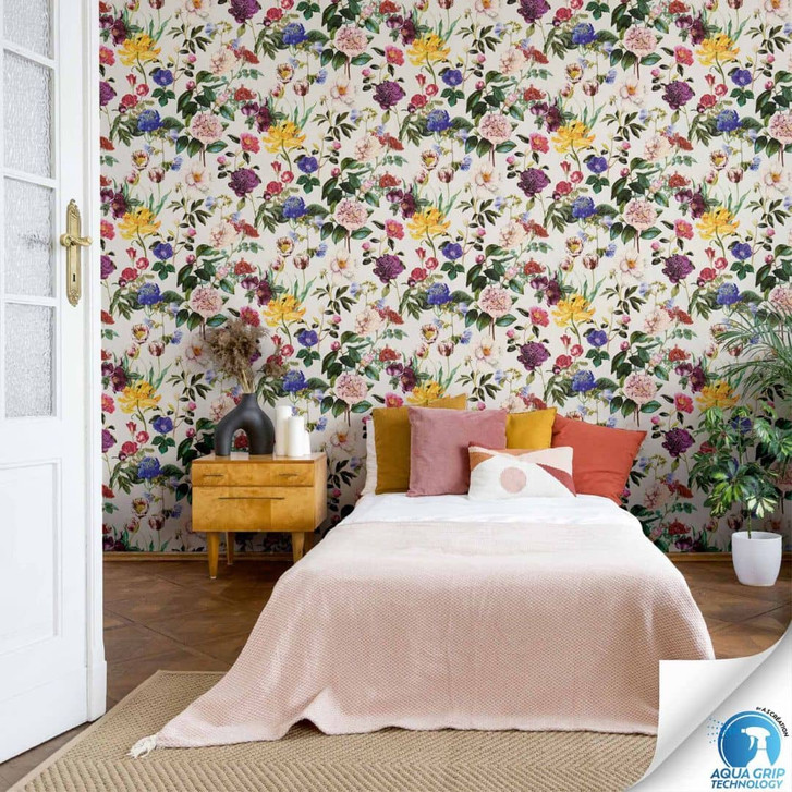 Tapete mit Blumen bunt auf Creme - Vlies-Blumentapete - Tapezieren ohne Kleister - WA465606