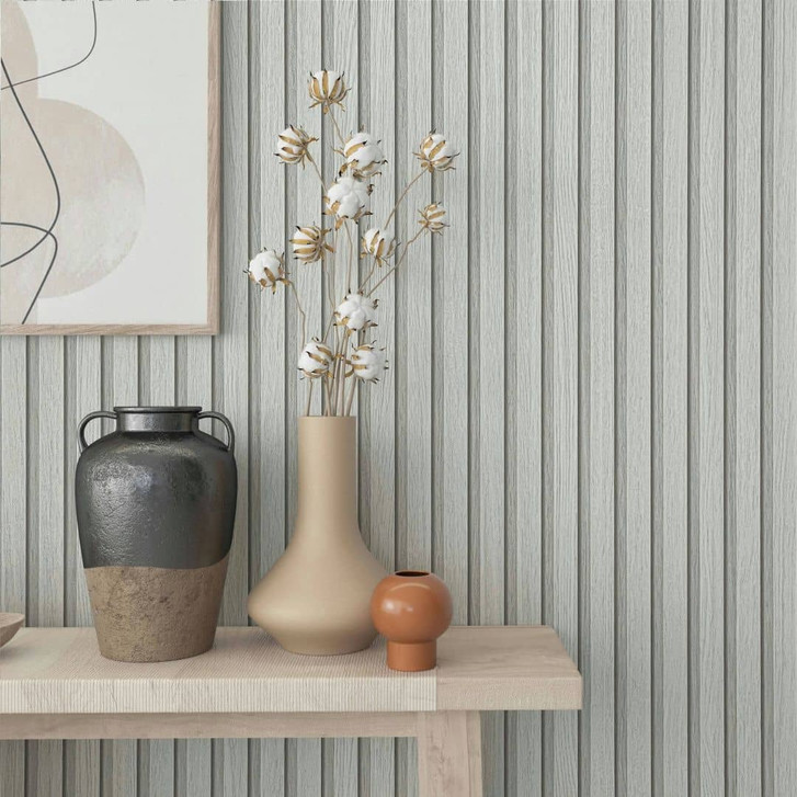Vliestapete mit Akustikpaneele Optik und leichter Holzmaserung im Skandi Stil greige Streifen - WA450422