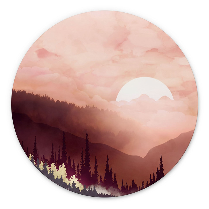 Wandbild Rosa Sonnenuntergang über dem Wald - SpaceFrog Designs - Alu-Dibond Rund - WA512612