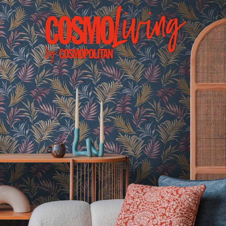 COSMOPOLITAN Palmen-Blätter Tapete Blau Gelb Rosa - tropische Vliestapete Küche - WA480312