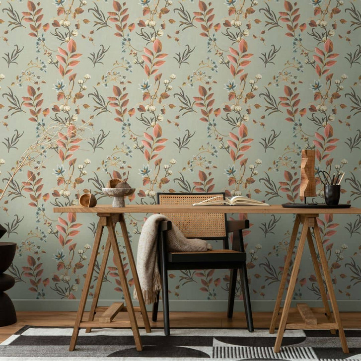 Florale Tapete mit Blättern Grün Terrakotta – Naturmotiv mit Ranken – Vliestapete - WA465536