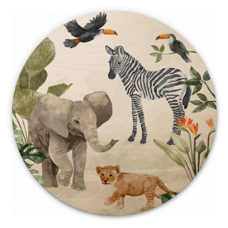 Holzbild Goed Blauw - Dschungelbabys - Rund - WA332907