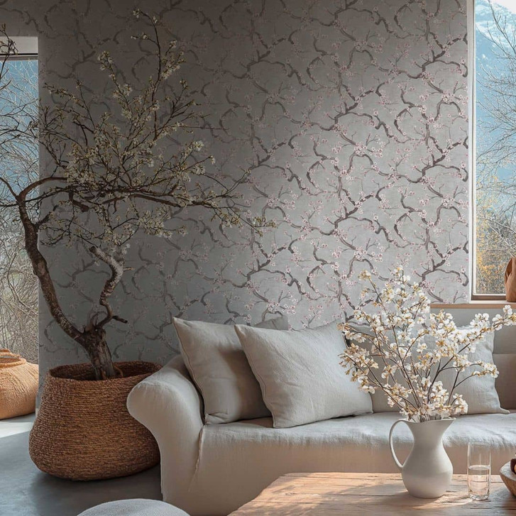 Blütenzweig-Tapete Grau Weiss Rosa – Vliestapete mit Kirschblüten - WA465496