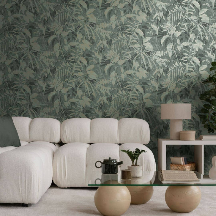 Dschungel-Tapete Dunkelgrün Beige – Blätterstruktur modern – Vliestapete tropisch - WA465517