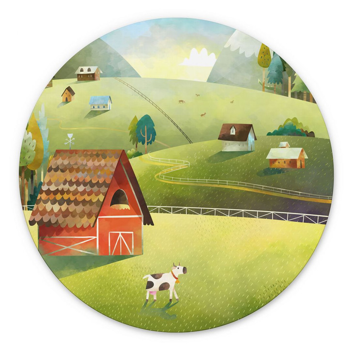 Wandbild Bunter Bauernhof in den Bergen - DigitalArtsi - Rund - Alu-Dibond - WA486653
