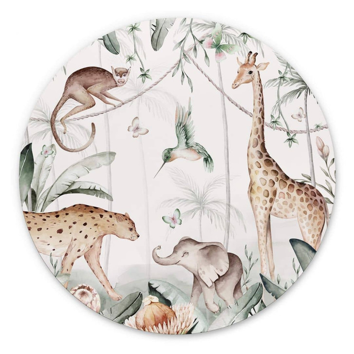 Wandbild Kinderzimmer Tiere im Dschungel - Alu-Dibond Rund - Kvilis - WA394791