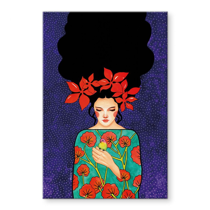 Acrylglasbild Frau mit roter Blütenkrone und Vogel - Hülya - WA484742