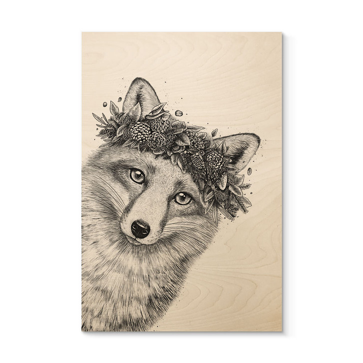 Holzbild Schwarz-weisser Fuchs mit Blumenkranz - Korenkova - WA434388