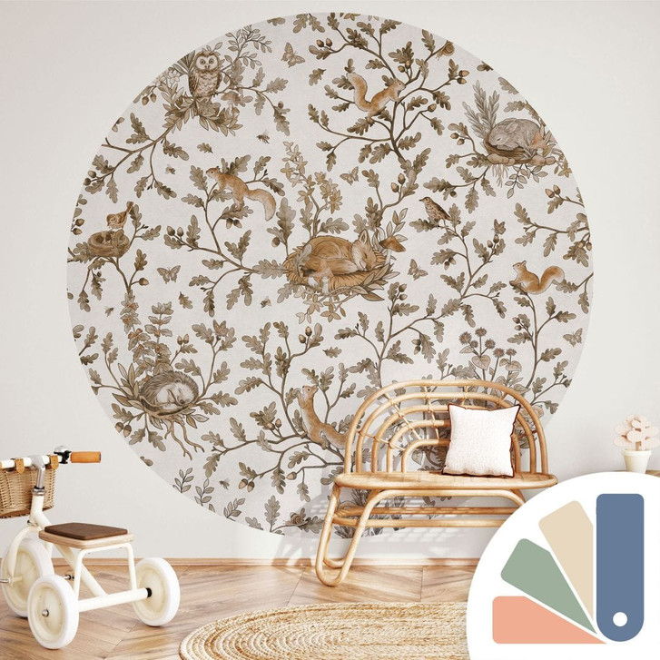 Kinderzimmer Fototapete Schlafende Waldtiere auf Zweigen - Kikki Belle - Rund - Selbstklebend/Vlies - WA494513