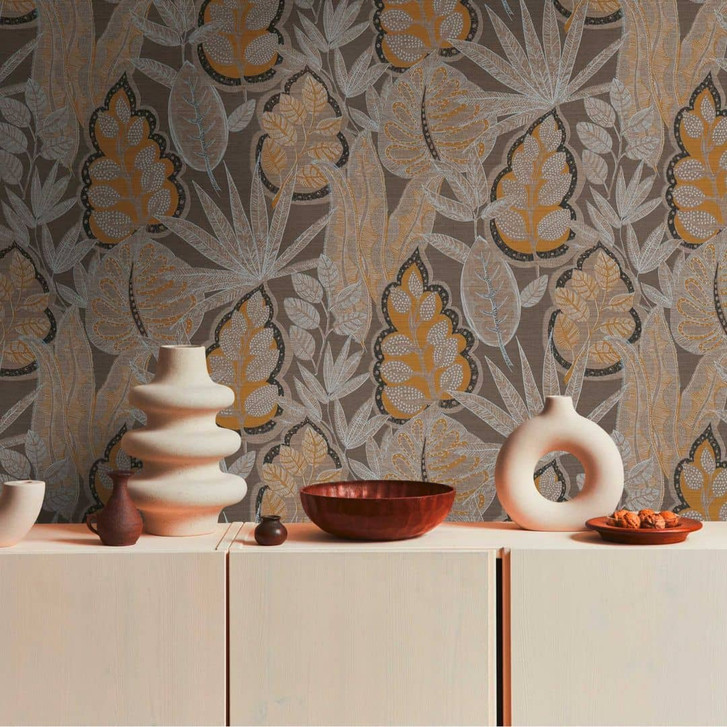Vliestapete im Grafik-Design Gelb Grau - Florale Tapete mit Blättern - WA396636