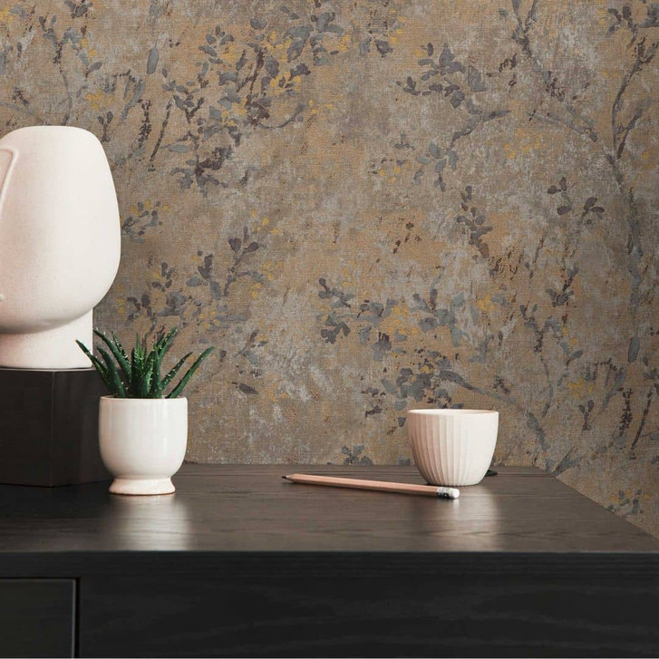 Botanische Tapete Grau Gelb - Blumenmuster Vliestapete - florale Designertapete - WA397101