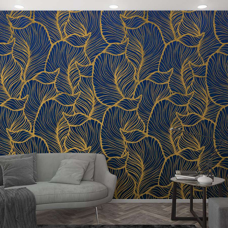 Fototapete mit abstraktem Blattmotiv Blau, Gelb ,Floral 2.70 x 1.59 m - WA448968