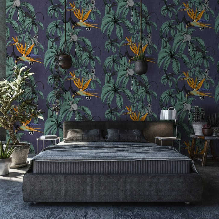 Fototapete mit Affen und Pflanzen, Blau Illustration 2.70 x 2.12 m - WA448799