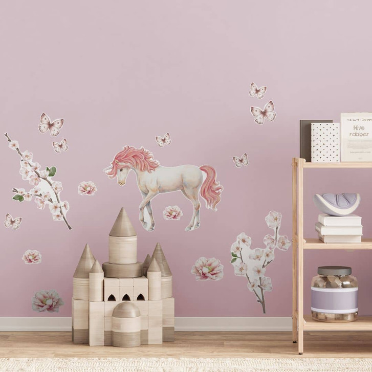 Kinderzimmer Wandtattoo Einhorn im rosa Blütenrausch - Kikki Belle - 15-teilig - 50 x 70 cm - WA458054