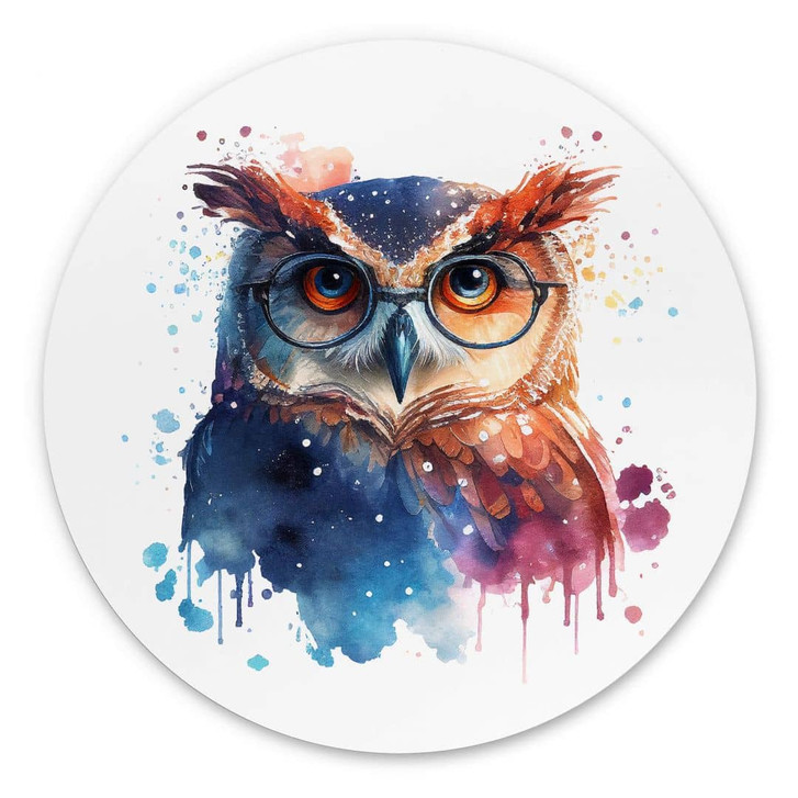 Rundes Wandbild Heine - Intelligente Eule mit Brille - Astro Cruise - Alu-Dibond - WA394486