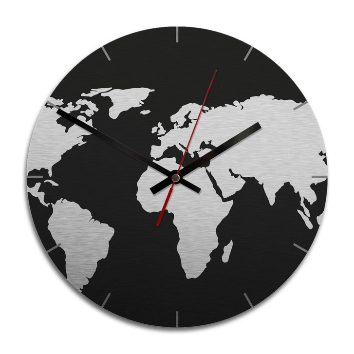 Wanduhr Alu-Dibond-Silbereffekt - Weltkarte negativ -Ø 28cm - WA243359