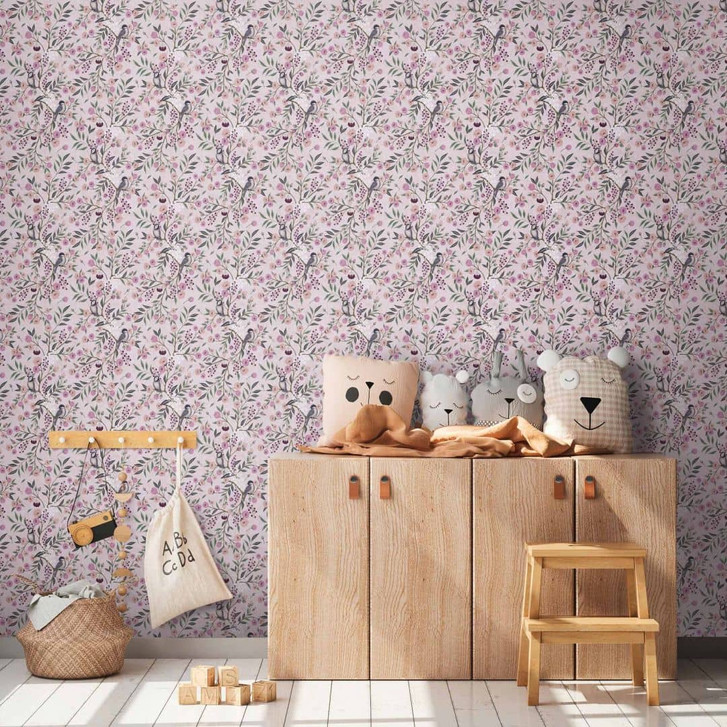Florale Mustertapete Rosa Violett - Vögel und Blüten - WA465355