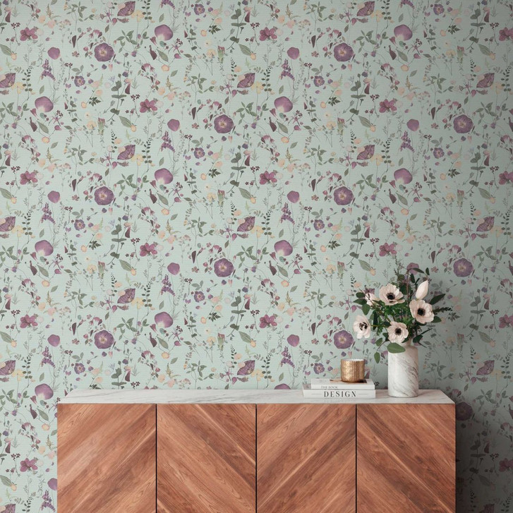 Florale Tapete Blumen Aquarell - Vliestapete in Flieder Grün Creme - Romantische Blumentapete - WA458802