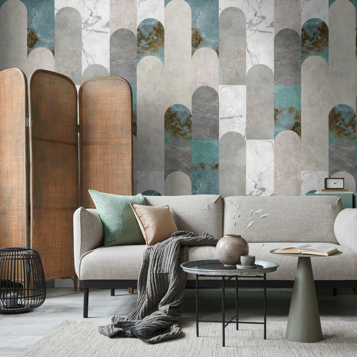 Geometrische Tapete in Marmoroptik Blau Grau - Vliestapete modern - Art Deco Fototapete - WA418345