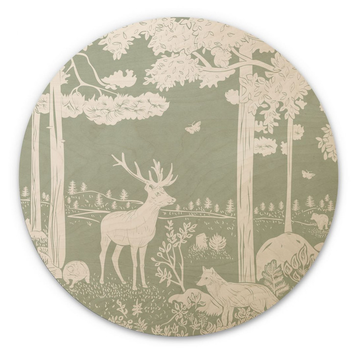 Holzbild Waldidylle in Grün - Oase für Wildtiere - Kikki Belle - Rund - WA437069