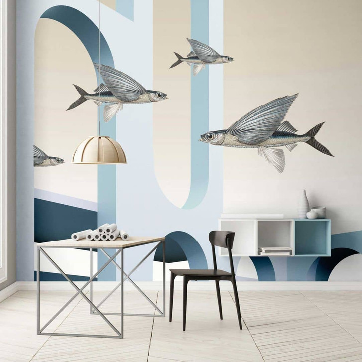 Fototapete Modernes-Artwork mit Fliegenden Fischen - Vliestapete in Blautönen - WA386046