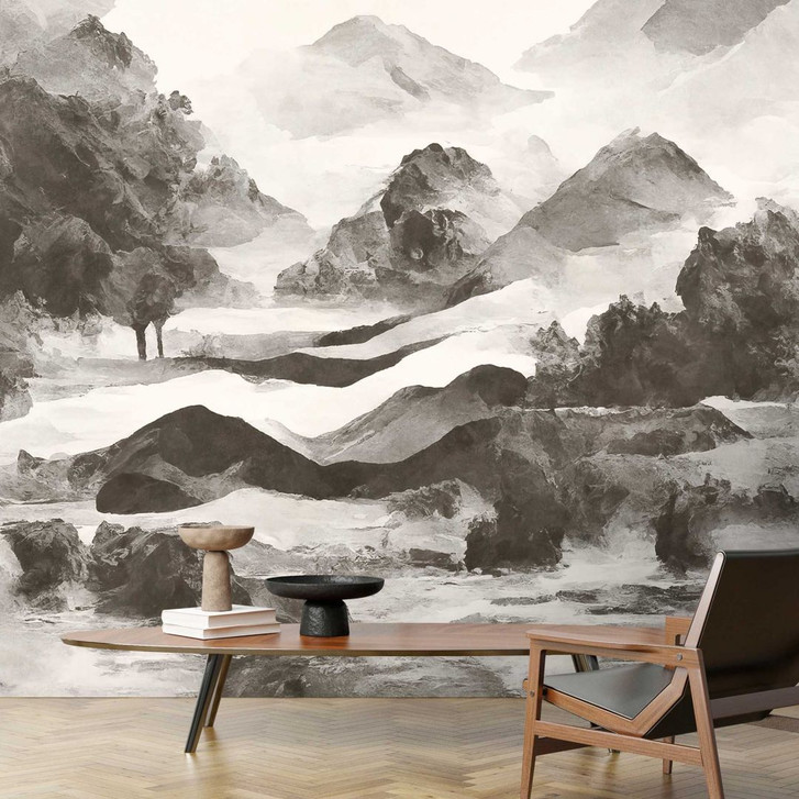 Monochrome Berglandschaft Tapete - Kunstvolle Aquarell Optik - WA386117
