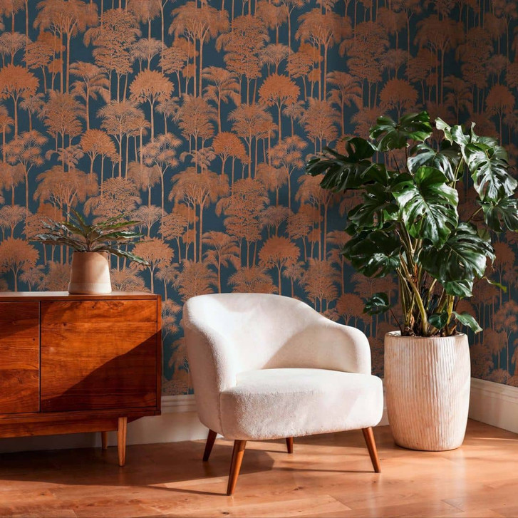 Vliestapete Wald Bäume Palmen blau braun metallic Tapete Wandtapete Natur Dschungel - WA503056