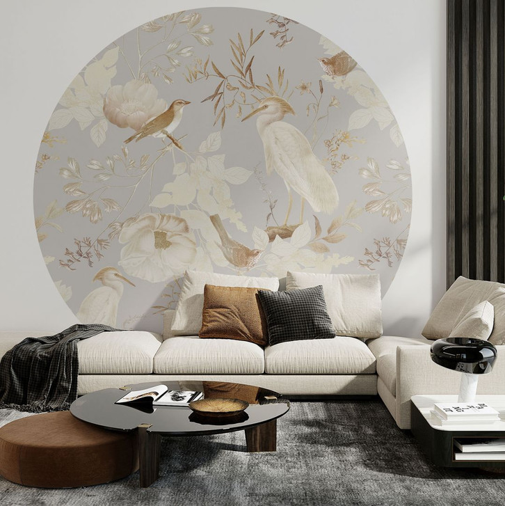 Fototapete Vögel zwischen weissen Blumen - UN Designs - Rund - Selbstklebend/Vlies - WA470156