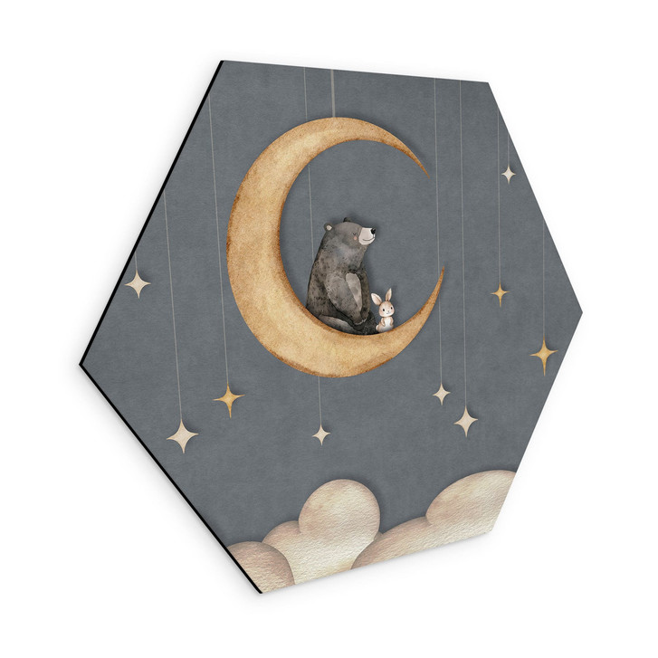 Hexagon Wandbild Hase und Bär auf dem Mond - Oliver Robins - Alu-Dibond - WA516095