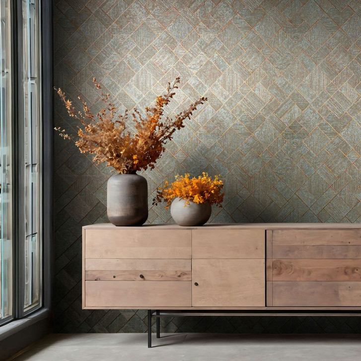 Vliestapete in Blau, Kupfer Karriert, Rautenmuster Grafisch Geometrisch - WA457116