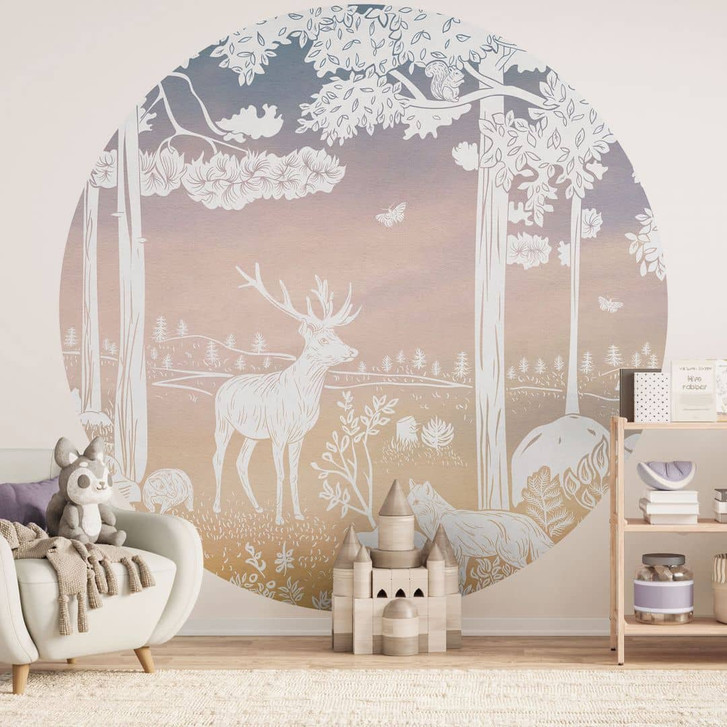 Fototapete Friedlicher Wald mit Hirschen und Füchsen - Ombre - Kikki Belle - Rund - Selbstklebend/Vlies - WA470865