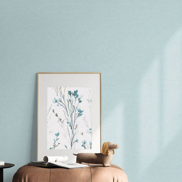 Tapete aus Vlies Uni Hellblau mit feiner Leinenstruktur dezent modern und elegant - WA509731