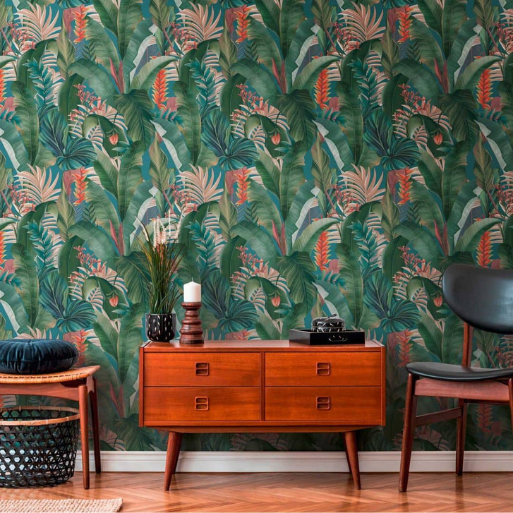Tapete mit Palmenblättern Blau Grün - Florale Vliestapete Dschungel-Motiv - WA396791