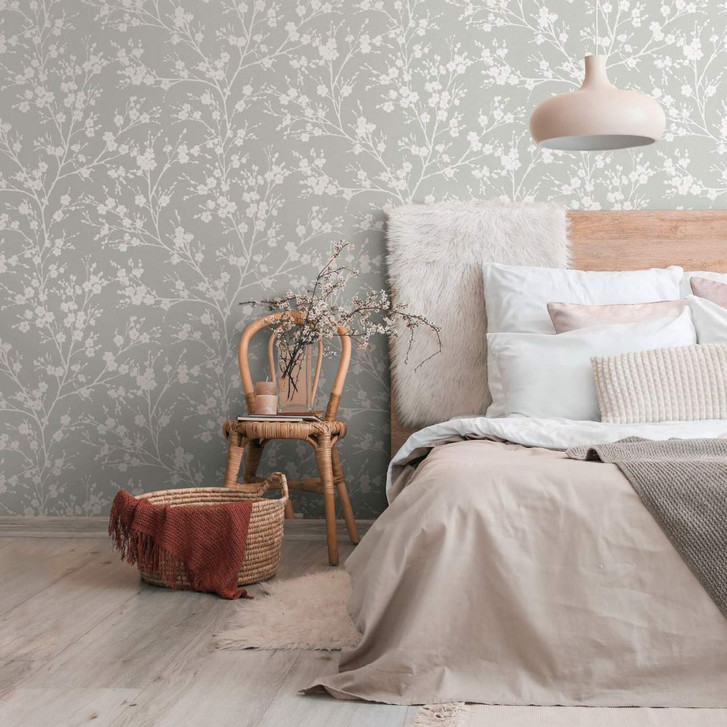 Vliestapete mit leicht glänzendem Blattmotiv grau Floral - WA446211