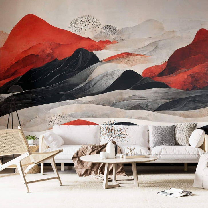 Fototapete Treechild - Rote Berge im Japandi Stil - WA398708