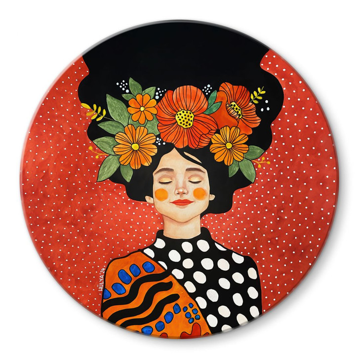 Glasbild Lächelnde Frau mit orangen Blumen - Hülya - Rund - WA495116
