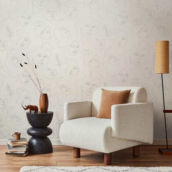 Vliestapete mit gezeichneten Gesichtern beige Textiloptik - WA446435