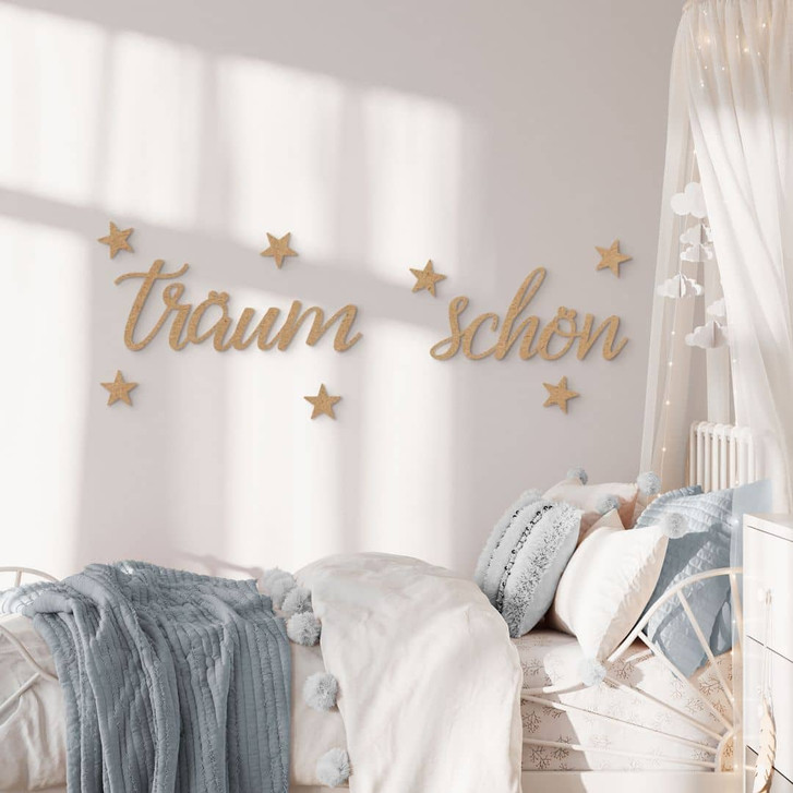 3D Schriftzug Träum Schön mit Sternen - MDF Natur - WA427226