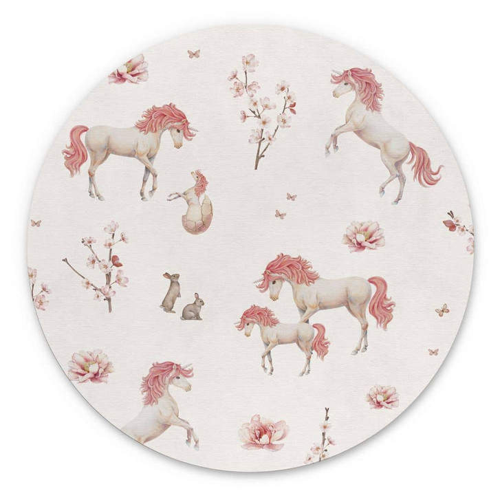 Rundes Wandbild Einhorntraum im Blütenland - Kikki Belle - Alu-Dibond - WA431649