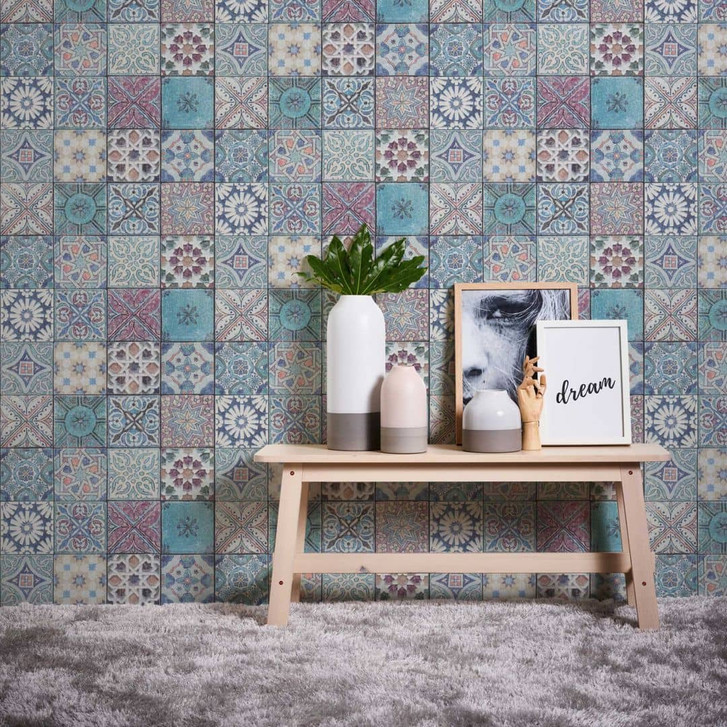 Selbstklebende Tapete & Möbelfolie - Landhaus, Küche - türkis, lila - Rolle 840x53 cm - WA418305