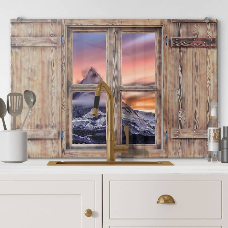 Spritzschutz 3D Holzfenster - Top of the Mountain - WA240912